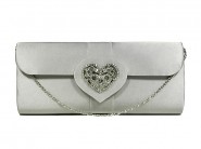 Evening Bag - Satin w/ Rhinestone Heart Charm Accent - Pewter -BG-92020P